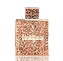 Elegant Rayhaan oud perfume bottle with intricate gold geometric pattern, front view