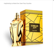 Gold perfume bottle and packaging with 'Urban Man Elixir' branding on a white background.