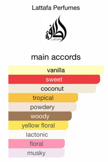 Lattafa Perfumes fragrance chart showing main accords: vanilla, sweet, coconut, tropical, powdery, woody, yellow floral, lactonic, floral, musky.