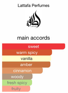 Lattafa Perfumes fragrance chart showing sweet, warm spicy, vanilla, amber, cinnamon, woody, fresh spicy, and fruity main accords.