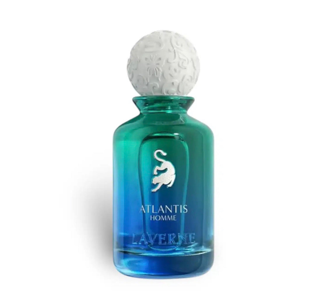 Atlantis Homme Laverne blue green Arabian oud perfume bottle with ornate white cap