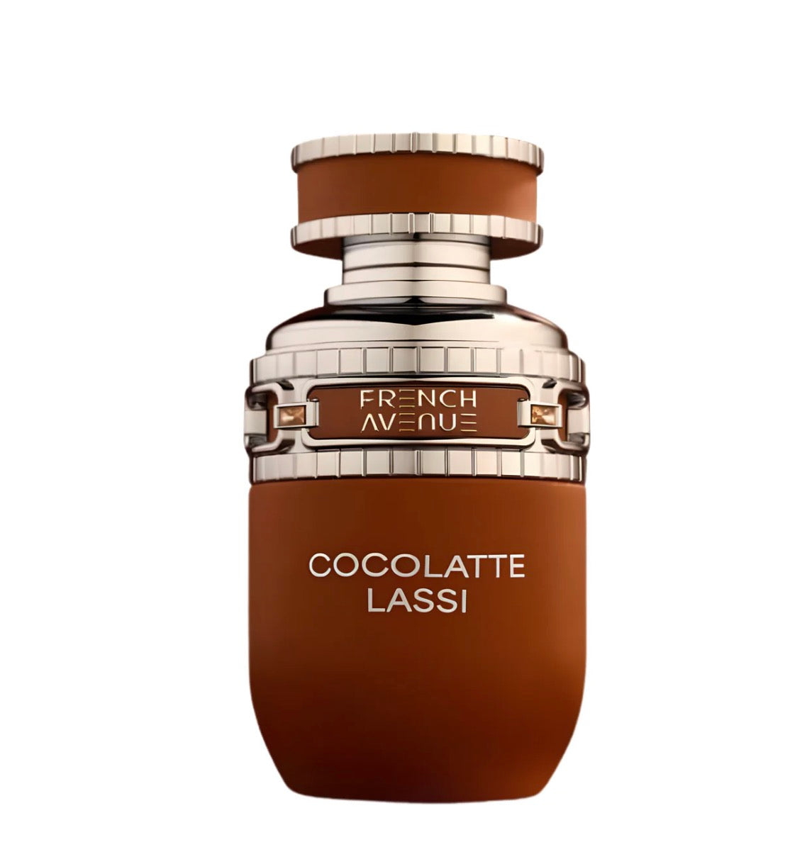 Brown perfume bottle labeled 'Coccolatte Lassi' by 'French Avenue' on a white background