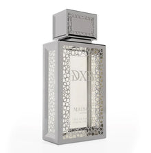 Luxury silver Arabian oud perfume bottle with geometric design, 100ml eau de parfum.
