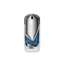 Silver and blue perfume bottle on a white background