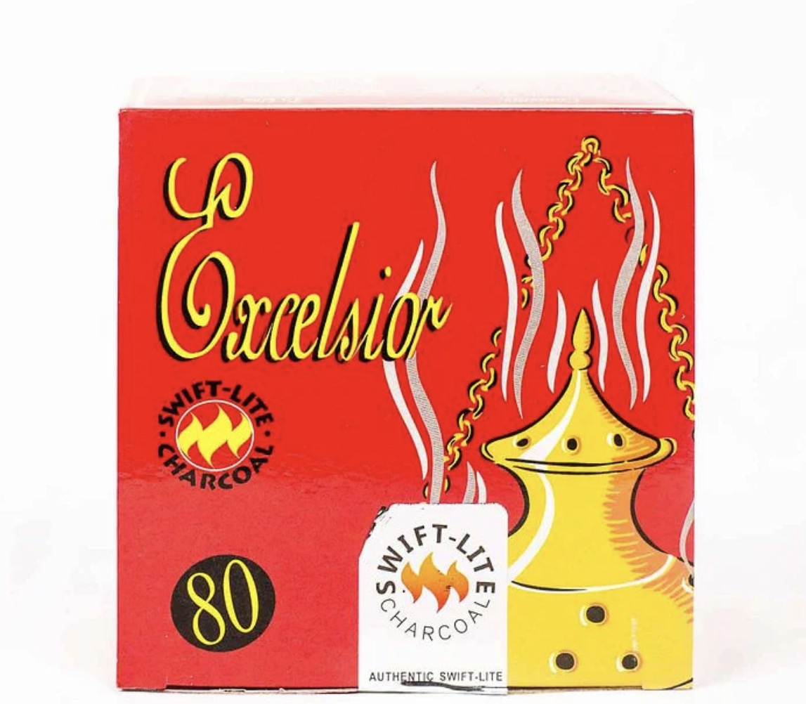 Excelsior Swift-Lite charcoal 80-count box with incense burner graphic