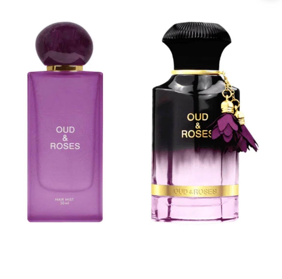 Two 'Oud & Roses' perfume bottles, one purple and one black and pink gradient, on a white background.