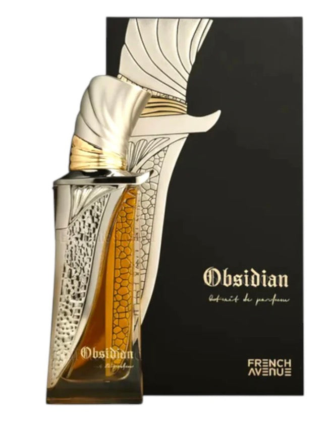 Obsidian perfume bottle with packaging on a black background