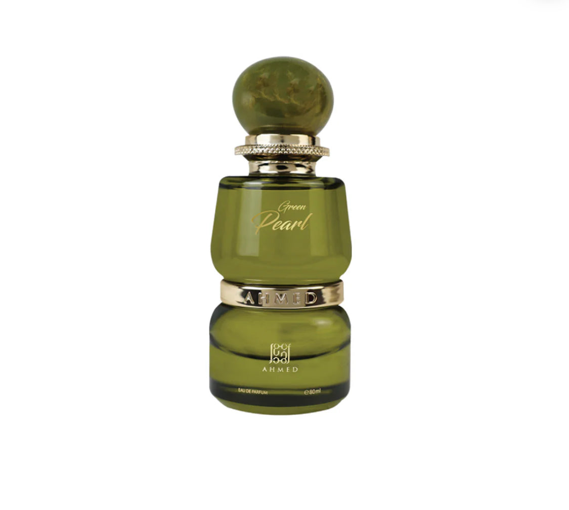 Green perfume bottle with silver cap on a white background