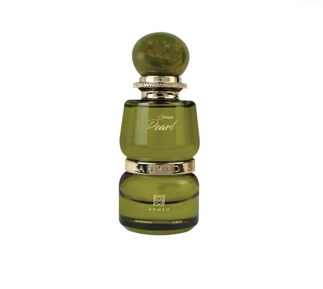 Green Pearl Arabian oud perfume bottle with gold accents on white background