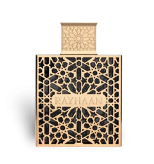 Luxury Rayhaan oud perfume bottle with intricate gold geometric pattern