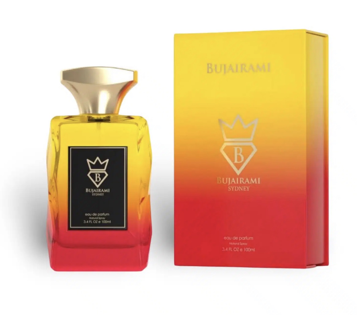 Arabian oud perfume bottle with gold cap and matching red-yellow gradient box