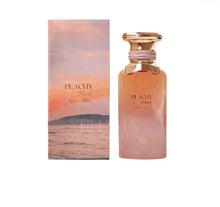 Peachy Peach eau de parfum 100ml bottle and box with sunset design, luxury Arabian fragrance
