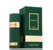 Green perfume bottle and box with 'Zenith' branding on a white background