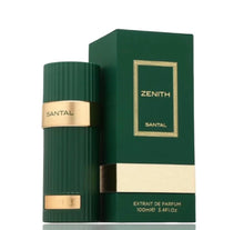Zenith Santal perfume bottle and box, green with gold accents, 100ml extrait de parfum