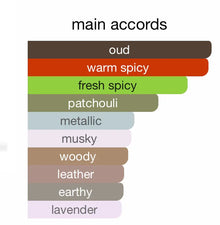 Main perfume accords chart featuring oud, warm spicy, fresh spicy, patchouli, and woody notes.