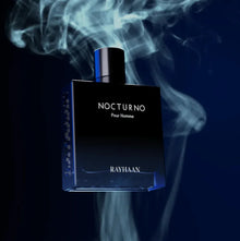 Nocturno Pour Homme perfume bottle with smoke, luxury Arabian oud fragrance for men