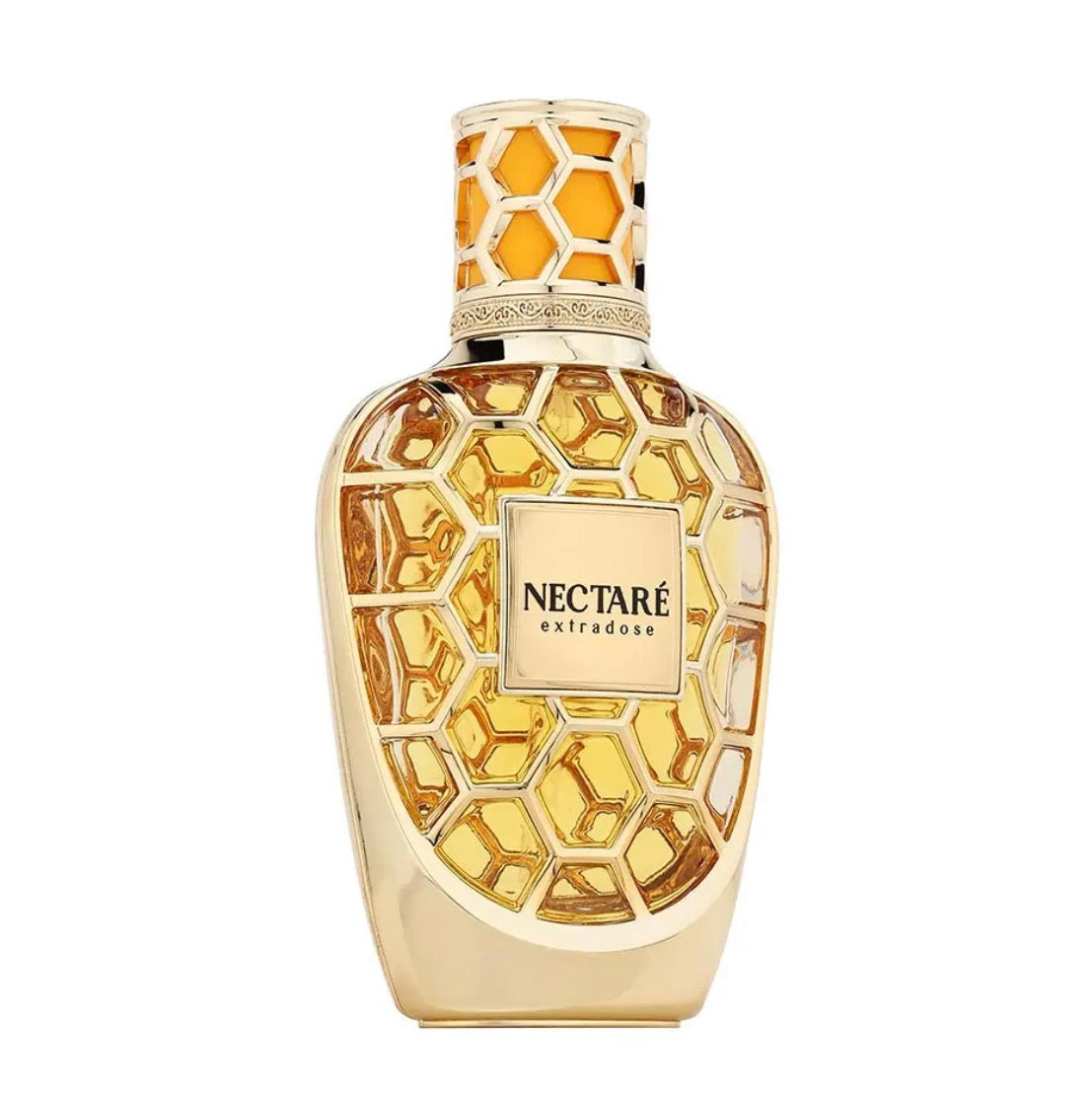 Gold honeycomb-patterned perfume bottle with 'Nectare' branding on a white background