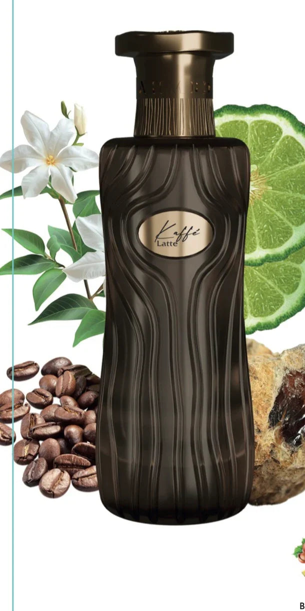 Kaffee Latte perfume bottle with coffee beans, jasmine flowers, bergamot, and resin accents
