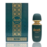 Green perfume bottle with gold intricate design and 'RAMAD' branding on a white background