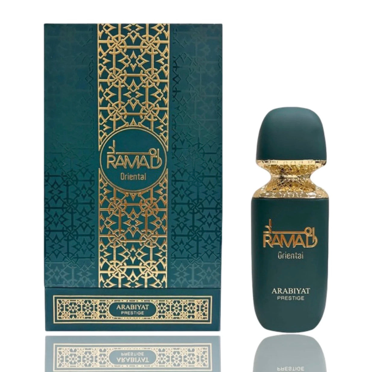 Green perfume bottle with gold intricate design and 'RAMAD' branding on a white background