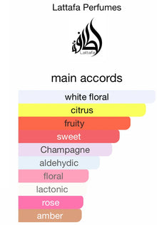 Lattafa Perfumes fragrance chart highlighting main accords: white floral, citrus, fruity, sweet, champagne, aldehydic, floral, lactonic, rose, amber.