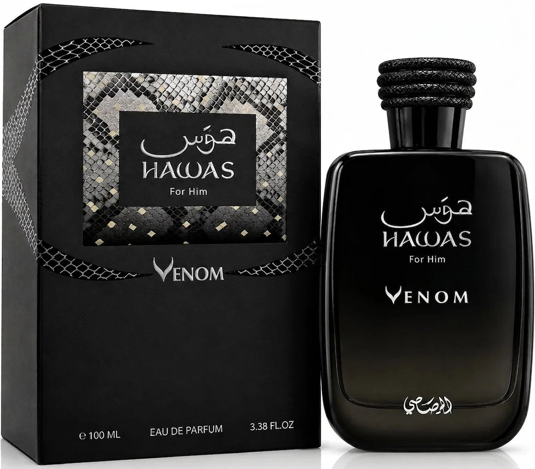 Rasasi Hawas Venom Eau de Parfum 100ml bottle highlighting notes of smoky incense, rich leather, patchouli, and vanilla