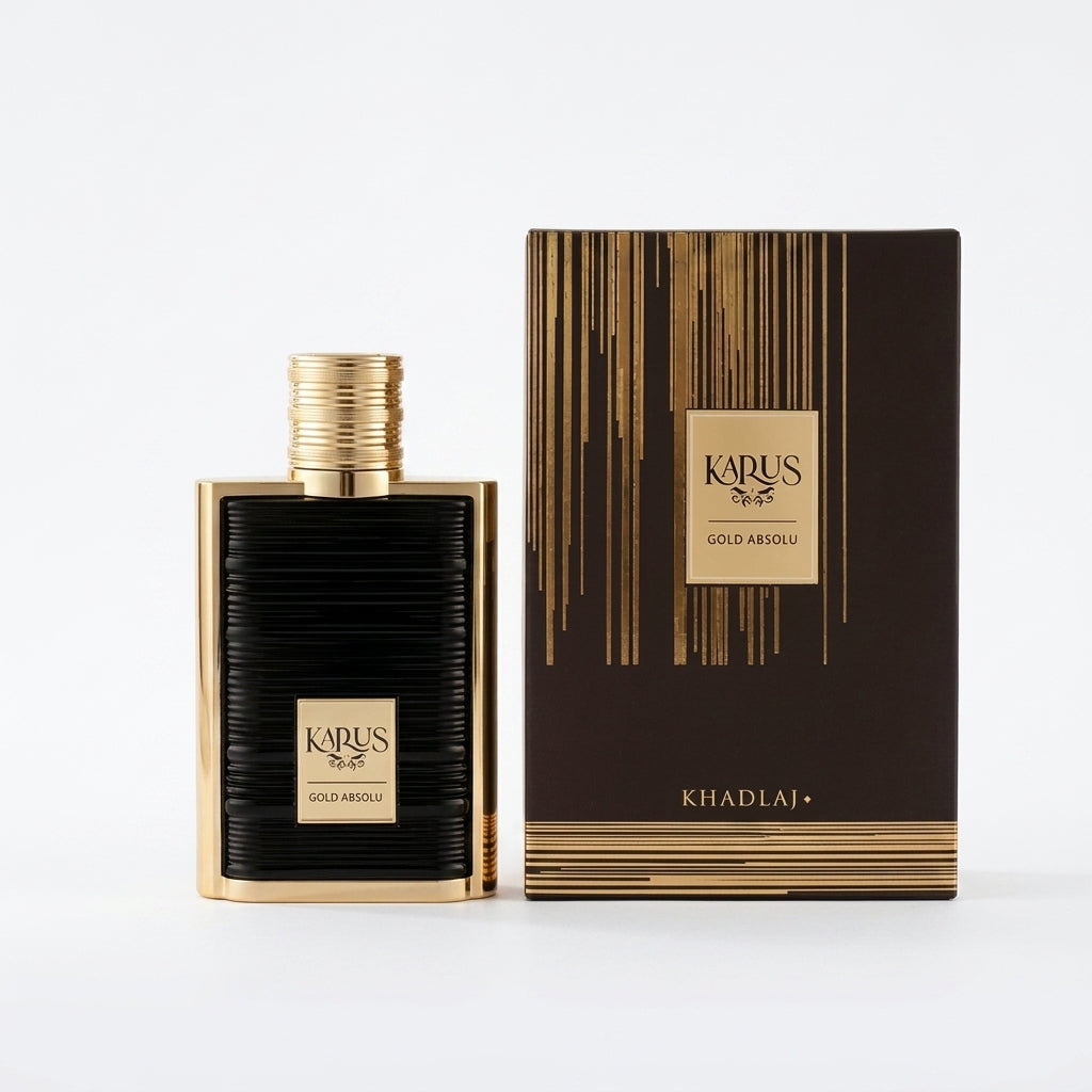 Khadlaj Karus Gold Absolu 100ml Eau de Parfum bottle highlighting notes of candied lemon, hazelnut praline, and clean musk