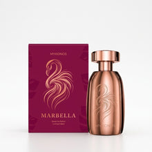 Mykonos Marbella Extrait de Parfum 100ml bottle highlighting tropical notes of passionfruit, mango, frangipani, and rich vanilla