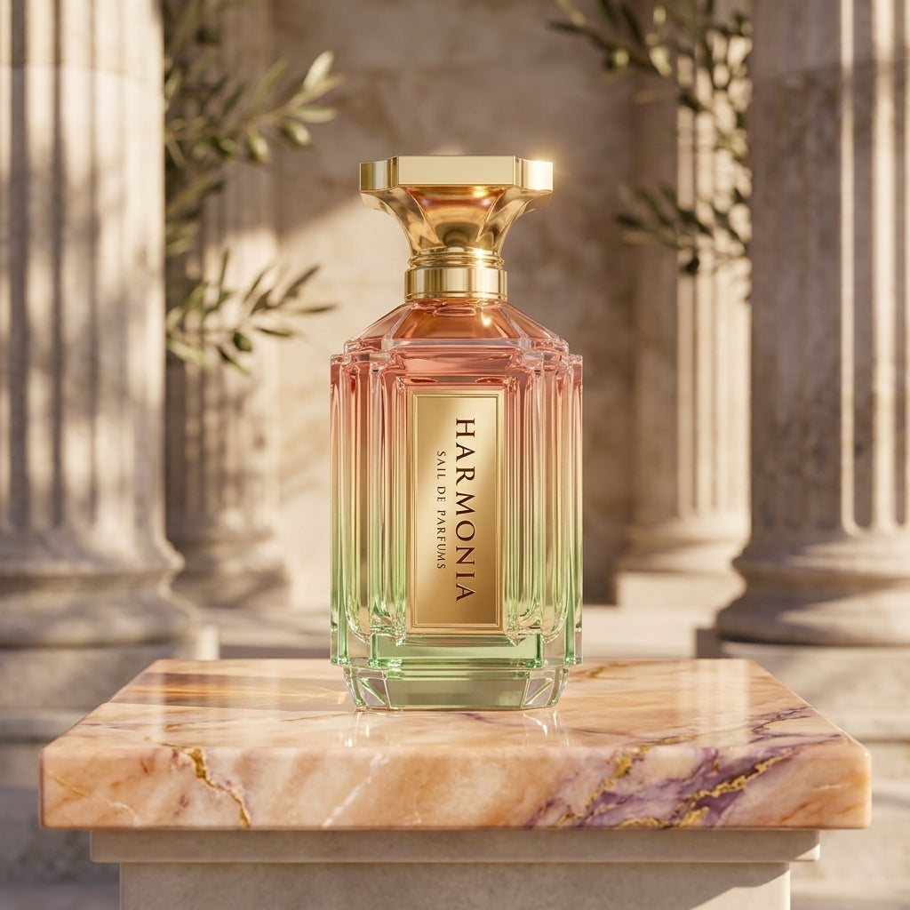 Velixir Harmonia bottle in a premium classical context.