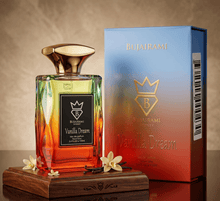 Vanilla Dream eau de parfum bottle with gradient box, gold cap, and vanilla flowers