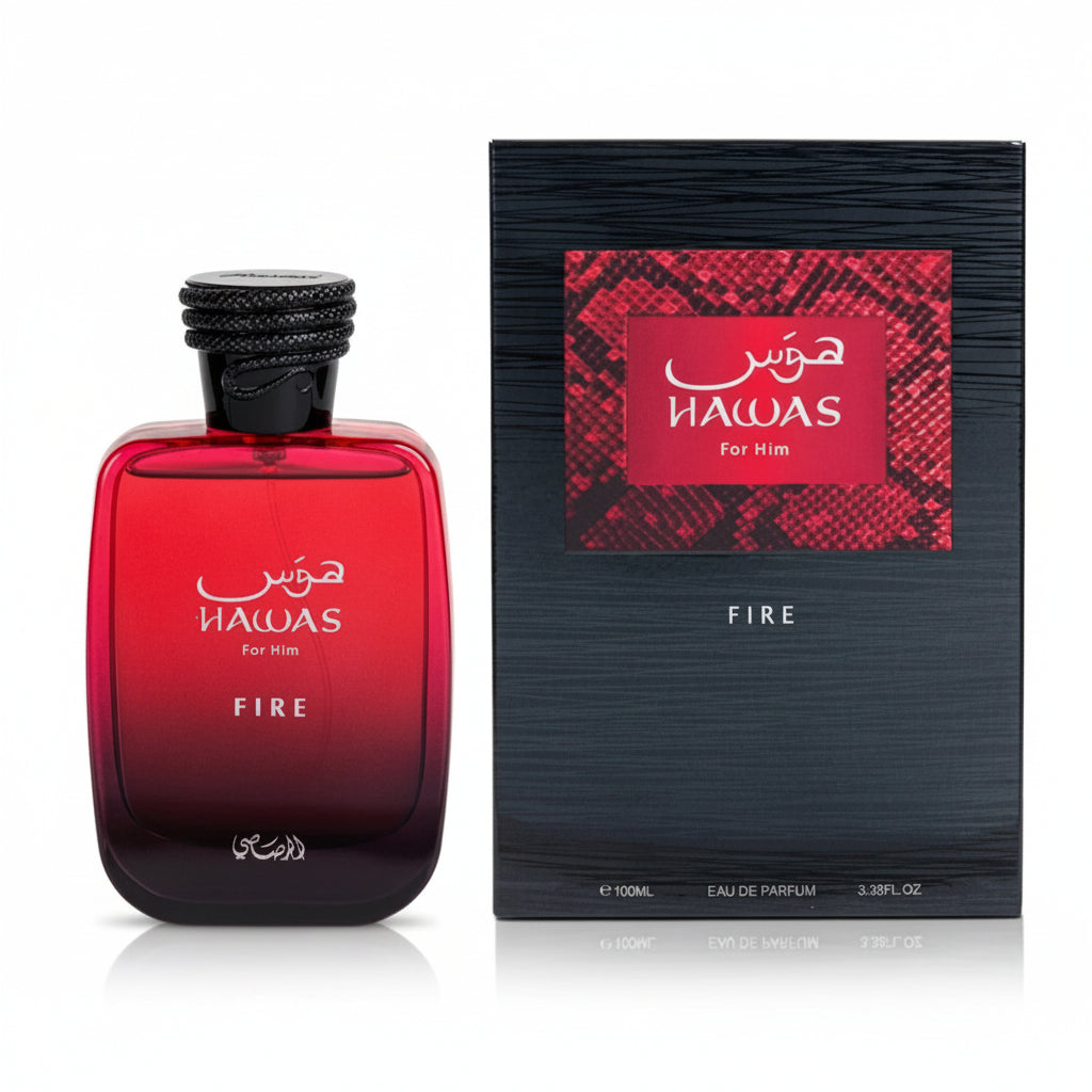 Rasasi Hawas Fire Eau de Parfum 100ml bottle highlighting aromatic notes of clary sage, Egyptian jasmine, marine accords, and ambergris
