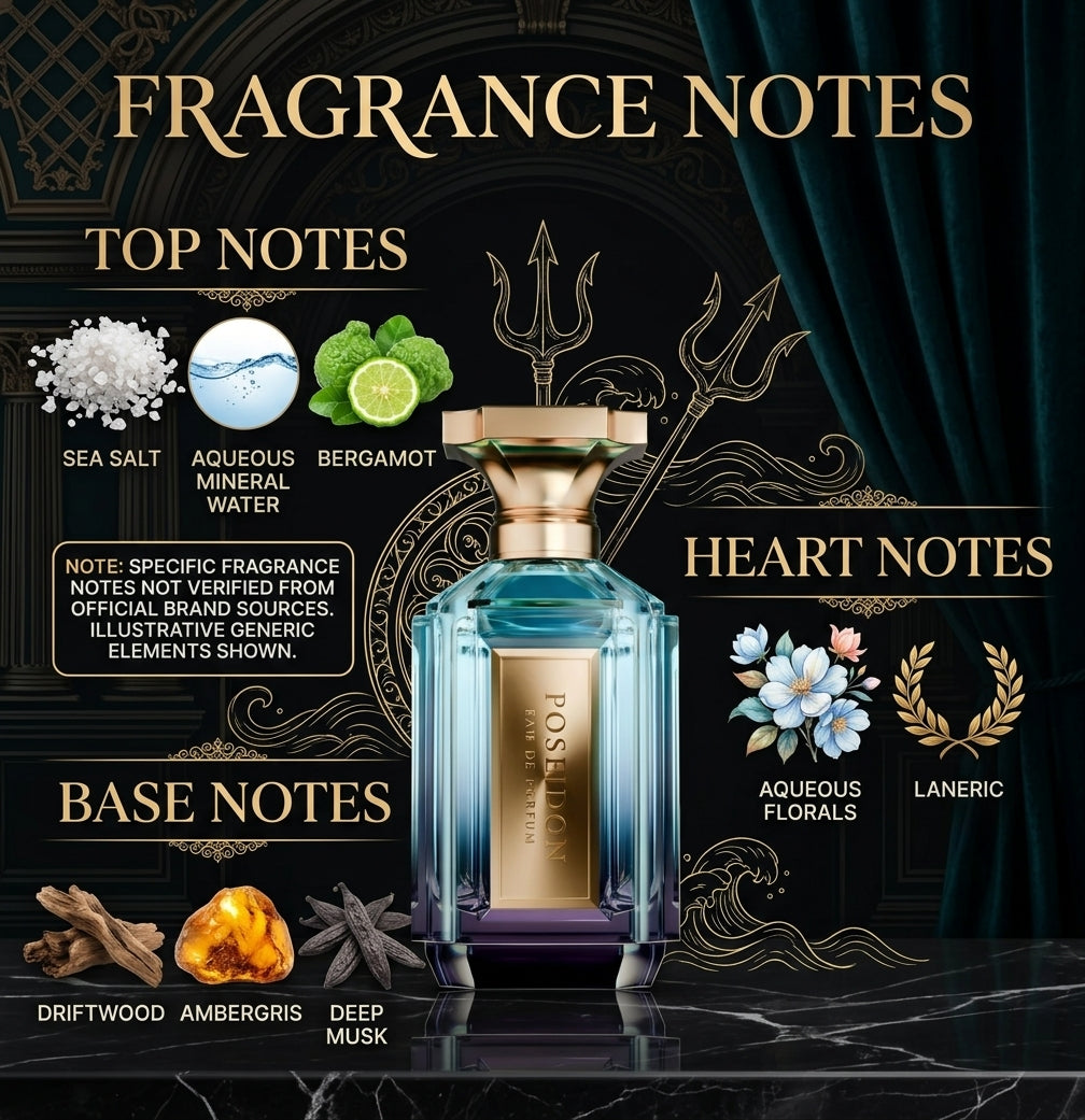 VELIXIR Poseidon fragrance notes illustrative graphic with unverified details