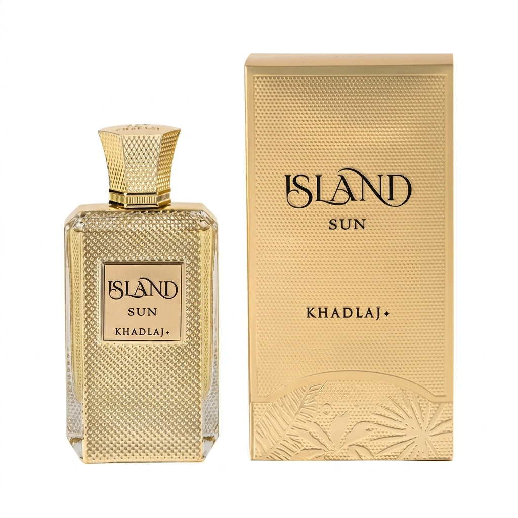 Khadlaj Island Sun 100ml Extrait de Parfum bottle highlighting notes of tropical mango, creamy coconut, and precious wood