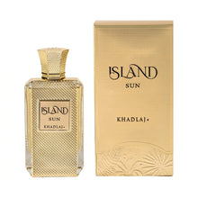 Khadlaj Island Sun 100ml Extrait de Parfum bottle highlighting notes of tropical mango, creamy coconut, and precious wood