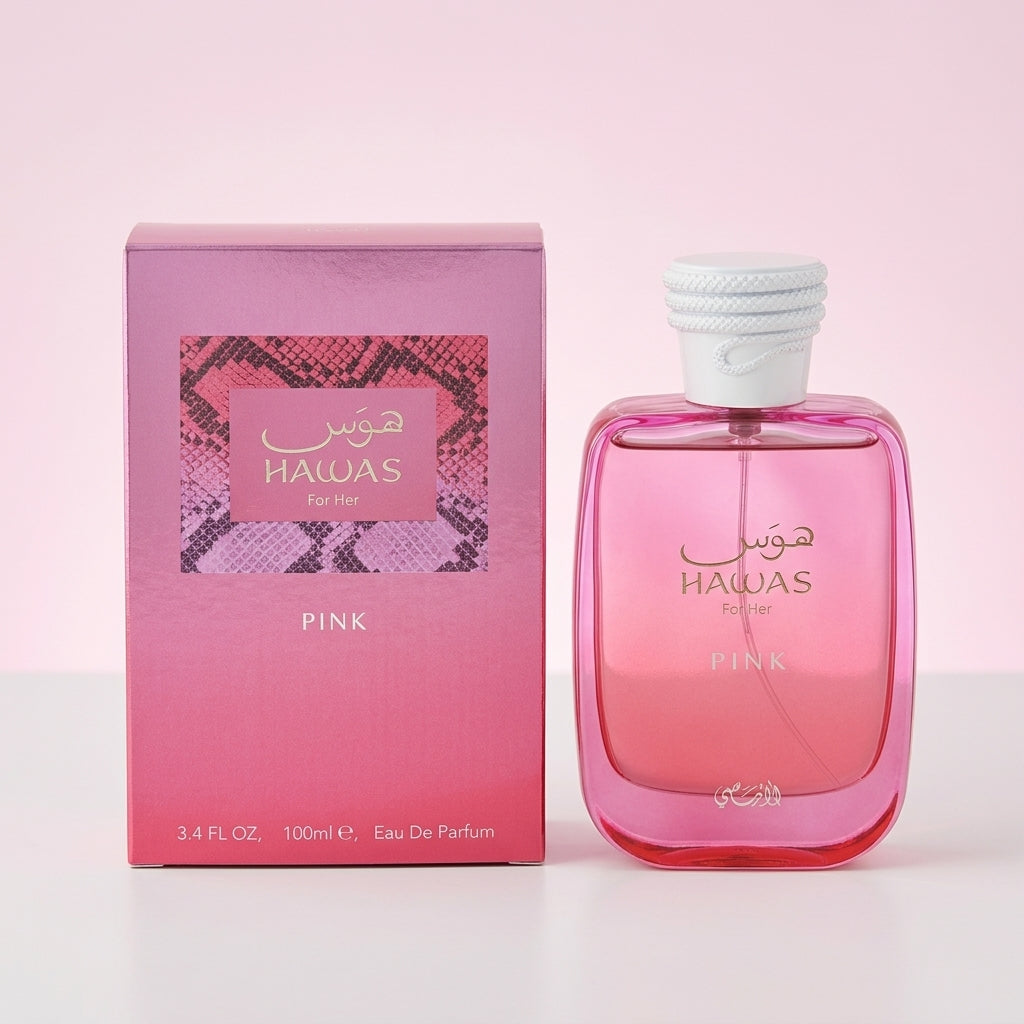 Rasasi Hawas Pink Eau de Parfum 100ml bottle featuring python cap highlighting notes of neroli, marshmallow, and cotton candy