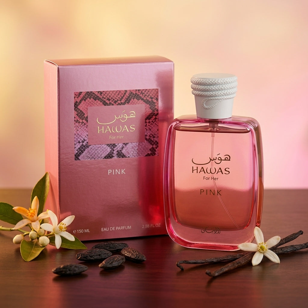 Rasasi Hawas Pink EDP 100ml bottle displayed alongside its original box.