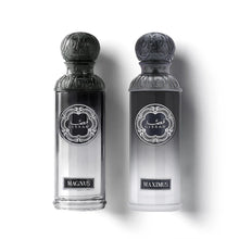 Two elegant Gissah Arabian oud perfume bottles labeled Magnus and Maximus on white background.