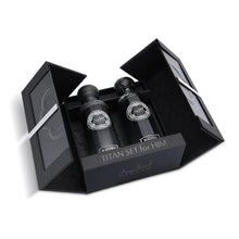 Luxury Arabian oud perfume gift set for men with two black bottles in elegant packaging
