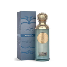 Gissah Imperial II Arabian oud perfume bottle with ornate gold cap and matching blue box.