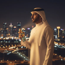 Man in traditional Arabian attire spraying oud perfume with city skyline at night