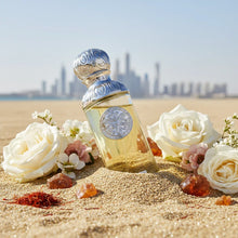 Elegant Arabian oud perfume bottle on desert sand with white roses, amber, and city skyline