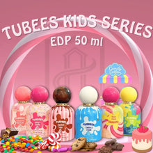 Assorted Tubees Kids Series eau de parfum bottles, candy and cookies, pink background.