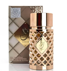 Gold lattice Arabian oud perfume bottle and matching box, labeled Jazzab Eau de Parfum 100ml