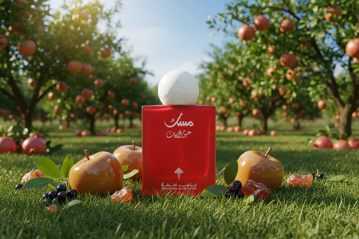 Red perfume bottle in orchard with apples, pomegranates, blackcurrants, and amber stones