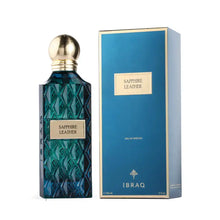 Sapphire Leather eau de parfum bottle with embossed blue glass and matching luxury box.