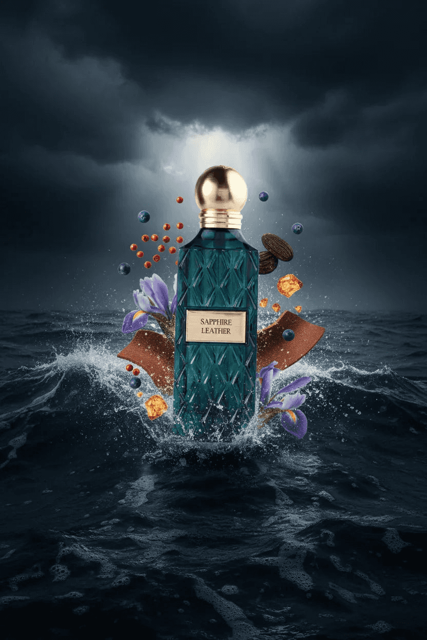 Sapphire Leather perfume bottle with gold cap, floral and spice accents, emerging from ocean waves