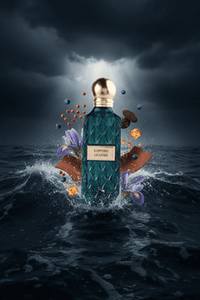 Sapphire Leather perfume bottle with gold cap, floral and spice accents, emerging from ocean waves
