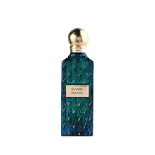 Sapphire Leather perfume in a blue embossed glass bottle with gold cap