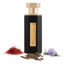 Luxurious black and gold perfume bottle with oud wood, saffron, and lavender notes.