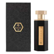 Black and gold REEF 33 Arabian oud perfume bottle with matching floral gift box